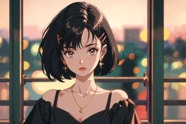 (best quality, masterpiece, highres),1girl,solo,short hair,earrings,hairclip,necklace,off shoulder,light,bokeh,
<lora:80'sFusion v2:1>,