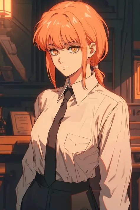 best quality, 1girl, standing, (white shirt), collared shirt, black necktie, black trousers, slight smile, corneo_makima, <lora:80F:0.6>