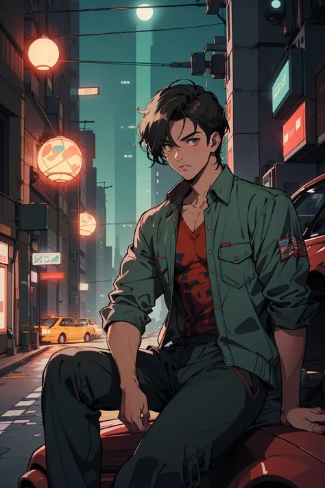 1boy sitting on a car, night city,epic photo, <lora:80'sFusion:0.6>,retro anime style