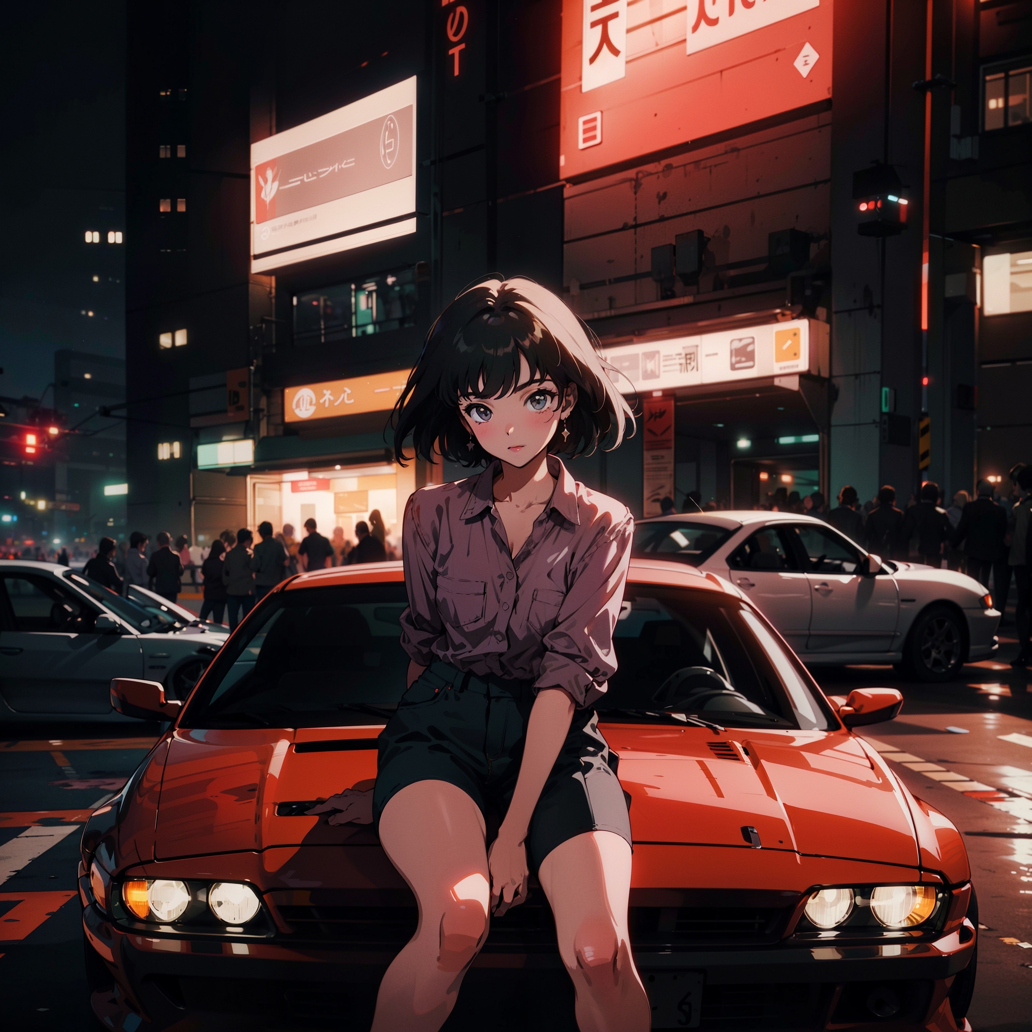 Anime girl sitting on a car in the middle of a city street - SeaArt AI