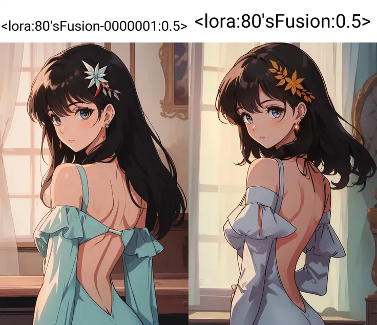 best quality, 1girl ,backless dress,hair ornament,earring,<lora:80'sFusion-0000001:0.5>