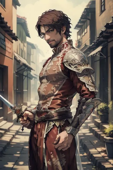 lac34rmor,
Disney animation, masterpiece, expressive eye, perfect face,
1man, dark brown hair, (wearing Carnelian red clothes:1.4), lace rogue armor, see-through, holding an intricately detailed sword,
dynamic pose, ((fighting stance)), cowboy shot, painting of a man, facing viewer, mischievous grin, sly expression,
colorful, vibrant colors, medieval fantasy city background, outdoors, outside, ground mist, dynamic lighting, intricate details, detailed background, depth of field,
<lora:Clothing - Lace Armor:0.8>