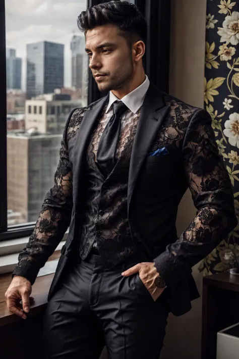 Handsome Latin Man Glamor Modern Fashion Suit Jacket Black Lace Athletic Outfit Sexy Black Lace Pop Star Bare Chest Transparent and Tulle. . tight lace pants with transparent tulle showing off your muscles
