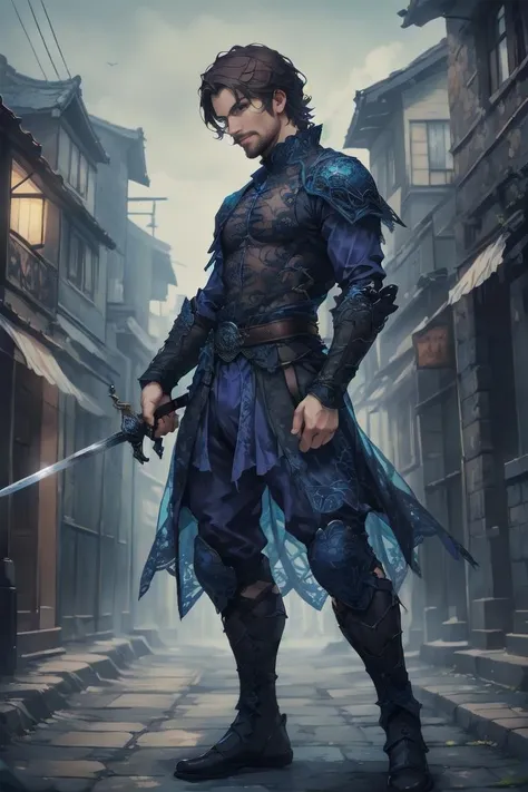 lac34rmor,
Disney animation, masterpiece, expressive eye, perfect face,
1man, dark brown hair, (wearing Bright Cerulean blue clothes:1.6), lace rogue armor, see-through, holding an intricately detailed sword,
dynamic pose, ((fighting stance)), cowboy shot, painting of a man, facing viewer, mischievous grin, sly expression,
colorful, vibrant colors, medieval fantasy city background, outdoors, outside, ground mist, dynamic lighting, intricate details, detailed background, depth of field,
<lora:Clothing - Lace Armor:0.8>