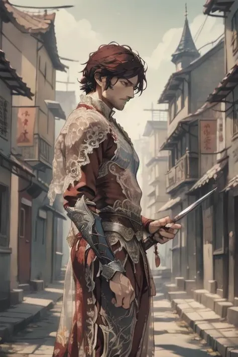 lac34rmor,
Disney animation, masterpiece, expressive eye, perfect face,
1man, (wearing Carnelian red clothes:1.4), lace rogue armor, see-through, holding an intricately detailed sword,
dynamic pose, ((fighting stance)), cowboy shot, painting of a man, facing viewer, mischievous grin, sly expression,
colorful, vibrant medieval fantasy city background, outdoors, outside, ground mist, dynamic lighting, intricate details, detailed background, depth of field,
<lora:Clothing - Lace Armor:0.8>