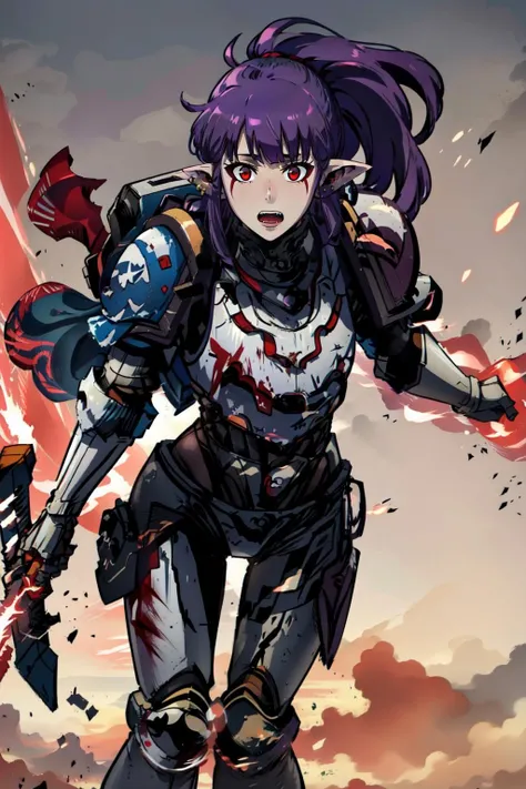 (masterpiece, best quality),  intricate details,
1girl,    <lora:EsilLora-10:0.8>1girl,  earrings, facial mark, fangs, long hair, looking at viewer, open mouth, pointy ears, ponytail, purple hair, red eyes, solo,  very long hair
 <lora:CARCHARODONS MK5 by CARAXES:0.8>armor,  blood, carcha, facial tattoo, facing viewer,glowing eyes,looking at viewer,pauldrons, power armor,shoulder armor,