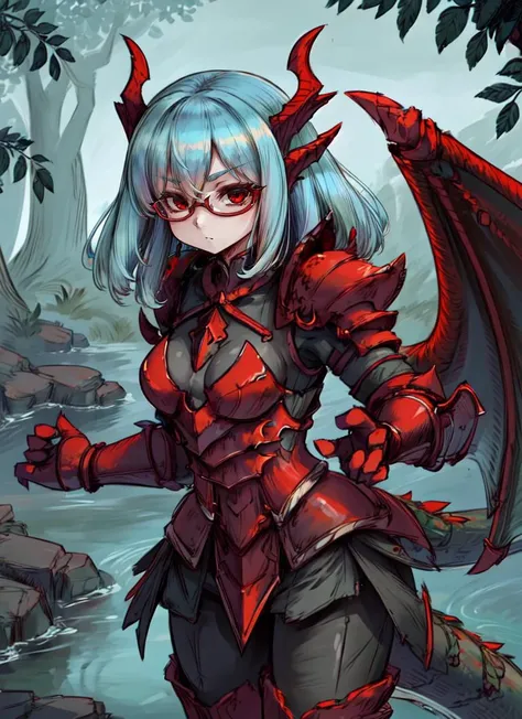 ((best quality)), ((highly detailed)), absurdres, (detailed eyes, deep eyes), <lora:more_details:.4>, (1girl), (glasses), dynamic pose, cowboy shot, <lora:aiomonstergirls_loraLocon:.6>, dragon girl, <lora:WaifuDragon:.5>, scales, cyan colored hair, red eyes, dragon horns, dragon tail, dragon wings, gauntlets, armored boots, (outdoors, in a swamp, twilight), <lora:cutesexyrobutts-000217:1>