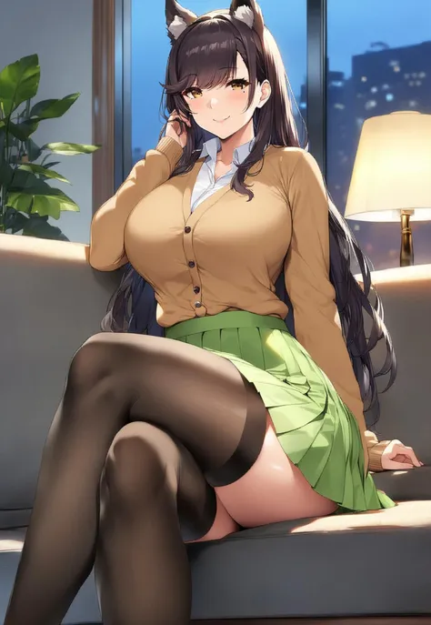 embedding:urn:air:sd1:embedding:civitai:222256@250708, solo, 1girl, atago, azur_lane, animal_ears, black_hair, black_thighhighs, breasts, dog_ears, extra_ears, yellow_eyes, sitting, crossed_legs, adjusting_hair, smile, closed_mouth, (mature female:1.2), tall female, huge breasts, curvy, collarbone, beautiful face, highly detailed faces and eyes, shiny skin, shiny, large_breasts, long_hair, ribbon, skindentation, smile, swept_bangs, thighhighs, white_ribbon, mole_under_eye, skirt, green_skirt, (long_skirt:1.2), blouse, white_blouse, cardigan, brown_cardigan, indoors, living_room, couch, evening, lamp, feet_out_of_frame, masterpiece, best quality, very aesthetic, absurdres, score_9, score_8_up, score_7_up, score_6_up, by marushin