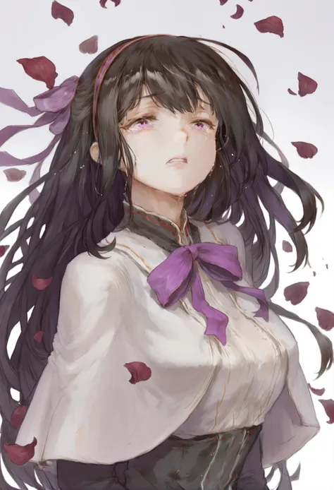 masterpiece, best quality,akemi homura, 1girl, solo, ribbon, long hair, white background, black hair, purple eyes, tears, simple background, hair ribbon, crying, red ribbon, petals, looking at viewer, long sleeves, upper body, neck ribbon, crying with eyes open, hairband, floating hair, capelet, purple ribbon, shirt 
 <lora:cutesexyrobuttsXLlokr3f-000181:0.95>