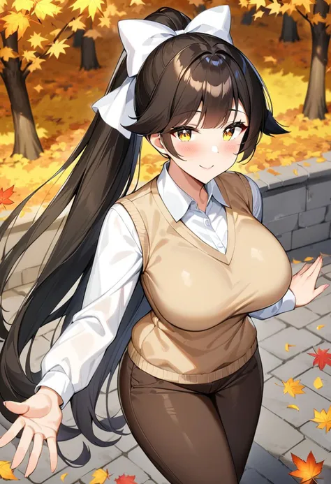 1girl, takao, azur_lane, black_hair, ponytail, very_long_hair, yellow_eyes, large_breasts, long_hair, hair_flaps, yellow_eyes,  white_bow, hair_ribbon, large_breasts, ribbon, hair_bow, (mature female:1.2), tall female, curvy, collarbone, beautiful face, highly detailed faces and eyes, shiny skin, shiny, smile, blush, pants, long_pants, brown_pants, blouse, white_blouse, sweater_vest, beige_sweater, brown_shoes, brown_loafers, standing, reaching_towards_viewer, outdoors, park, autumn, autumn_leaves, masterpiece, best quality, very aesthetic, absurdres, score_9, score_8_up, score_7_up, score_6_up,