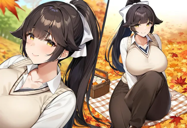 1girl, solo, takao, azur_lane, black_hair, ponytail, very_long_hair, yellow_eyes, large_breasts, long_hair, hair_flaps, yellow_eyes, white_bow, hair_ribbon, large_breasts, ribbon, hair_bow, (mature female:1.2), tall female, curvy, collarbone, beautiful face, highly detailed faces and eyes, shiny skin, shiny, shy, pants, long_pants, brown_pants, blouse, white_blouse, sweater_vest, beige_sweater, brown_shoes, brown_loafers, smile, happy, looking_at_viewer, outdoors, park, autumn, autumn_leaves, sitting, sitting_on_ground, sitting_on_blanket, picnic, picnic_basket, picnic_blanket, masterpiece, best quality, very aesthetic, absurdres, score_9, score_8_up, score_7_up, score_6_up, by marushin