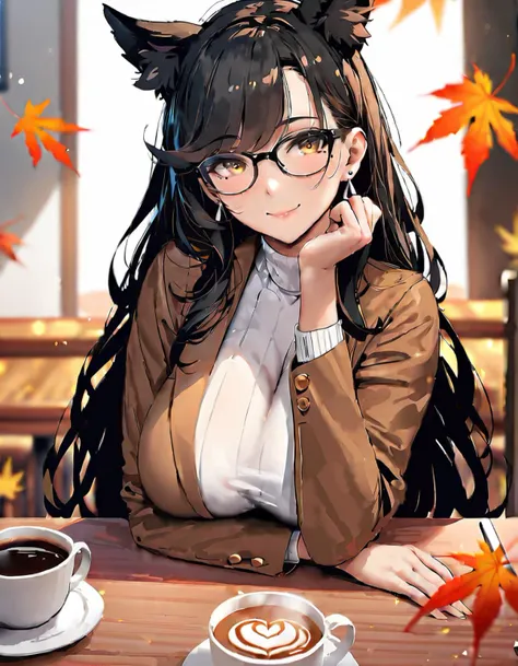 (masterpiece), (best quality), (ultra-detailed), 1girl, solo, sitting, cafe, coffee, table, straight-on, looking_at_viewer, cowboy_shot, chin_rest, elbows_on_table, interlocked_fingers, head_tilt, atago \(azur lane\), dog_ears, black_hair, extra_ears, yellow_eyes, (mature female:1.2), tall female, large breasts, curvy, collarbone, beautiful face, highly detailed faces and eyes, shiny skin, shiny, long_hair, ribbon, skindentation, smile, swept_bangs, white_ribbon, brown eyes, mole_under_eye, very long hair, earrings, jeans, turtleneck sweater, brown jacket, open jacket, glasses, happy, outdoors, day, autumn, autumn leaves, masterpiece, best quality, very aesthetic, absurdres, score_9, score_8_up, score_7_up, score_6_up, by marushin, illustration, disheveled hair, detailed eyes, perfect composition, moist skin, intricate details, earrings, by wlop, 1girl, solo, sitting, cafe, coffee, table, straight-on, looking_at_viewer, cowboy_shot, chin_rest, elbows_on_table, interlocked_fingers, head_tilt, atago \(azur lane\), dog_ears, black_hair, extra_ears, yellow_eyes, (mature female:1.2), tall female, large breasts, curvy, collarbone, beautiful face, highly detailed faces and eyes, shiny skin, shiny, long_hair, ribbon, skindentation, smile, swept_bangs, white_ribbon, brown eyes, mole_under_eye, very long hair, earrings, jeans, turtleneck sweater, brown jacket, open jacket, glasses, happy, outdoors, day, autumn, autumn leaves, masterpiece, best quality, very aesthetic, absurdres, score_9, score_8_up, score_7_up, score_6_up, by marushin, composed, whole roasted pretty background, sharp focus, winning awesome artistic