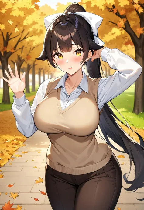 1girl, solo, takao, azur_lane, black_hair, ponytail, very_long_hair, yellow_eyes, large_breasts, long_hair, hair_flaps, yellow_eyes,  white_bow, hair_ribbon, large_breasts, ribbon, hair_bow, (mature female:1.2), tall female, curvy, collarbone, beautiful face, highly detailed faces and eyes, shiny skin, shiny, shy, pants, long_pants, brown_pants, blouse, white_blouse, sweater_vest, beige_sweater, brown_shoes, brown_loafers, standing, shy, waving, cowboy_shot, looking_at_viewer, outdoors, park, autumn, autumn_leaves, masterpiece, best quality, very aesthetic, absurdres, score_9, score_8_up, score_7_up, score_6_up,