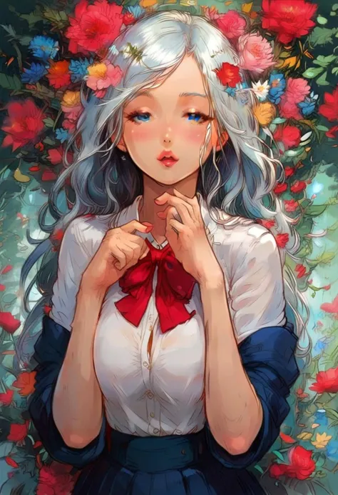 long hair, beautiful girl, Japanese school uniform, cute pose, flowers falling