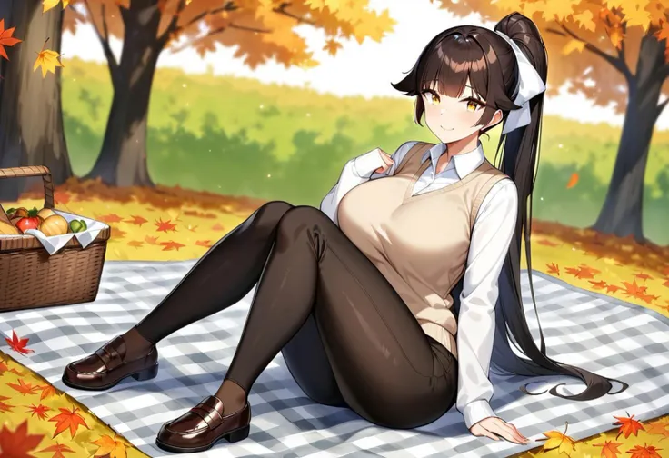 1girl, solo, takao, azur_lane, black_hair, ponytail, very_long_hair, yellow_eyes, large_breasts, long_hair, hair_flaps, yellow_eyes, white_bow, hair_ribbon, large_breasts, ribbon, hair_bow, (mature female:1.2), tall female, curvy, collarbone, beautiful face, highly detailed faces and eyes, shiny skin, shiny, shy, pants, long_pants, brown_pants, blouse, white_blouse, sweater_vest, beige_sweater, brown_shoes, brown_loafers, smile, happy, looking_at_viewer, outdoors, park, autumn, autumn_leaves, sitting, sitting_on_ground, sitting_on_blanket, picnic, picnic_basket, picnic_blanket, masterpiece, best quality, very aesthetic, absurdres, score_9, score_8_up, score_7_up, score_6_up,