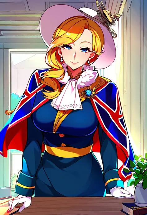 1girl, solo, hair over shoulder, long hair, blue eyes, blonde hair, swept bangs, hoddef, union jack capelet, blue coat, white hat, tilted headwear, long sleeves, white gloves, yellow sash, blue skirt, frills, brown pantyhose, fur collar, white ascot, earrings
(mature female:1.2), tall female, curvy, beautiful face, highly detailed faces and eyes, smug, indoors, office, day, wooden_wall, wooden_table, wall_lamp, masterpiece, best quality, very aesthetic, absurdres, score_9, score_8_up, score_7_up, score_6_up,