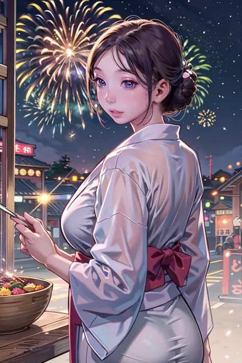 1 girl, solo, beautiful see-through Yukata, delicate pattern, beautiful neck , fireworks, complex background, night market, night , (highly detailed:1.2),hanabi:1.3