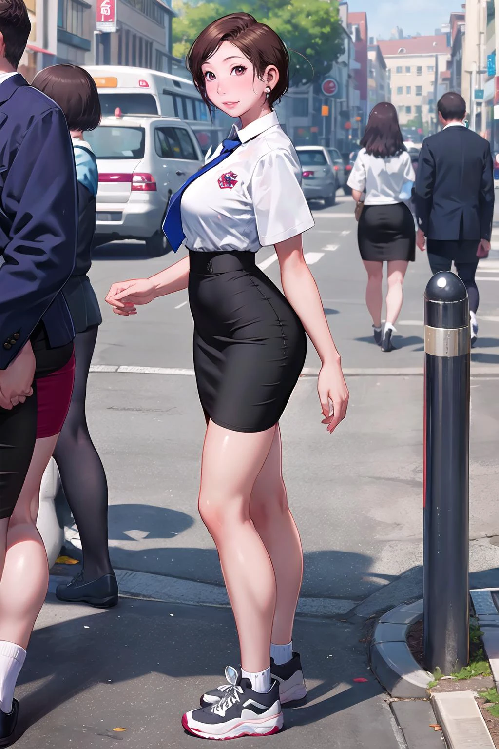 masterpiece, best quality,1girl,young girl,brown eyes,short hair,mesugaki smile,shiny skin,(nice leg line:1.3),thick thighs,thin waist,huge breasts
BREAK
school uniform,necktie,((pencil skirt)),sneakers
BREAK
park,crowd,depth of field,looking at viewer,standing,from side,full body,legsupsexms