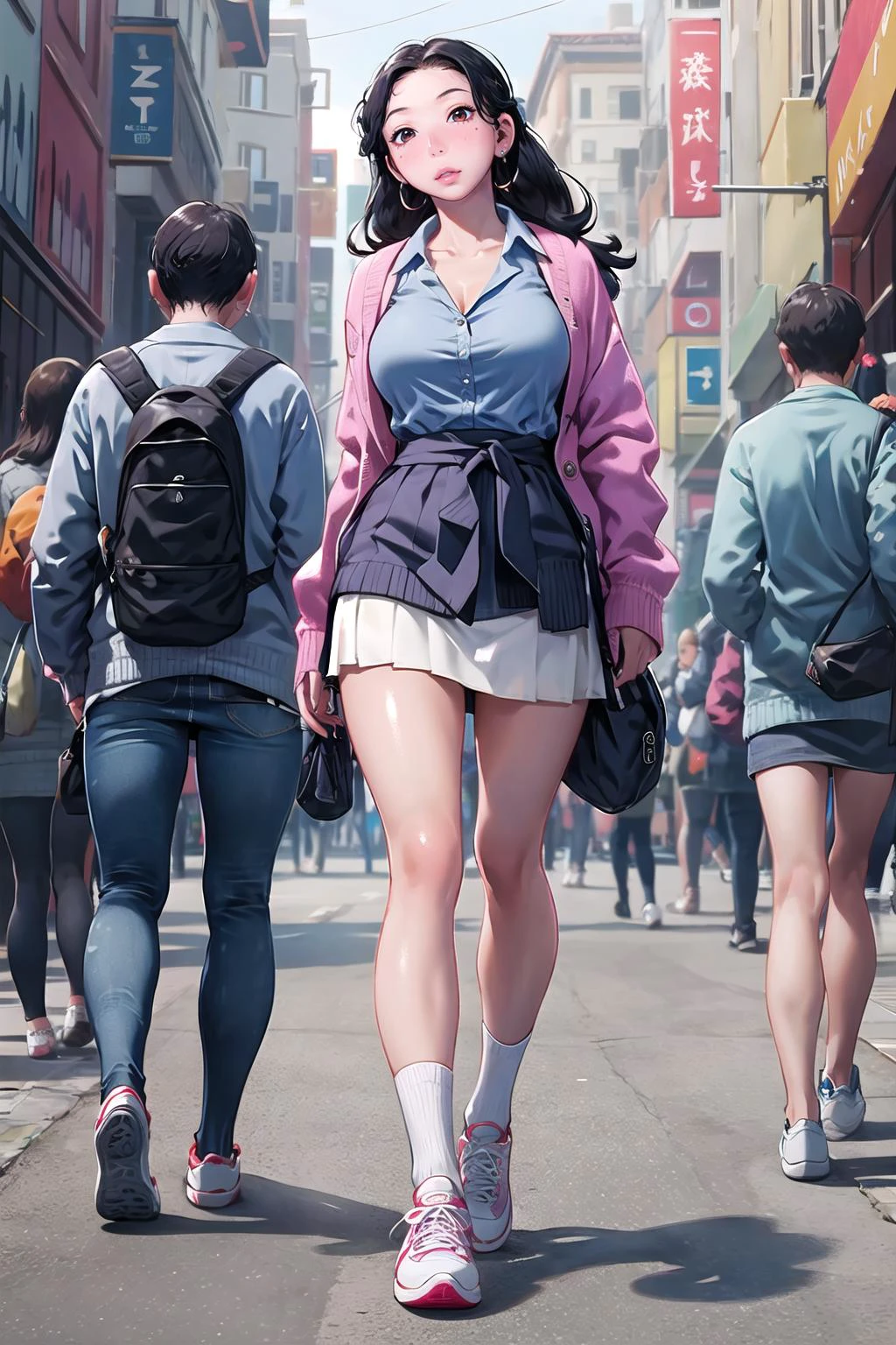 masterpiece, best quality,1girl,young girl,brown eyes,long hair,pathetic _face,shiny skin,(nice leg line:1.3),thin waist,huge breasts,
BREAK
, Pink_knit_cardigan, white_button-up_shirt, navy_blue_A-line_skirt, white_canvas_sneakers, black_hair_clips, black_backpack,
BREAK
around crowd:1.1,depth of field,looking at viewer,standing,from front,full body
