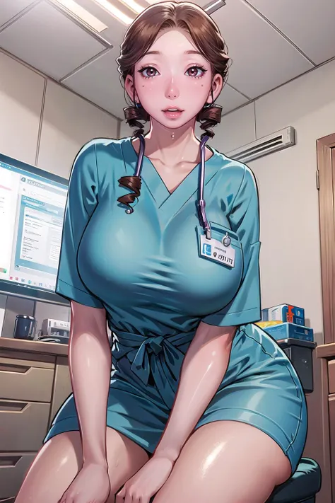 masterpiece, best quality,1girl,young girl,brown eyes,drill hair,ecstasy _face,shiny skin,(nice leg line:1.3),thin waist,huge breasts,
BREAK
Nurse, Scrubs, Hospital, Administering medication, Assisting doctors, Monitoring patients
BREAK
around crowd:1.1,depth of field,looking at viewer,sitting,from side,upper body