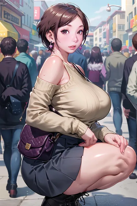 masterpiece, best quality,1girl,young girl,brown eyes,short hair,despair _face,shiny skin,(nice leg line:1.3),thin waist,huge breasts,
BREAK
, Burgundy_cable_knit_sweater, pleated_midi_skirt, ankle_boots, drop_earrings, quilted_chain_shoulder_bag,
BREAK
around crowd:1.1,depth of field,looking at viewer,squatting,from side,upper body