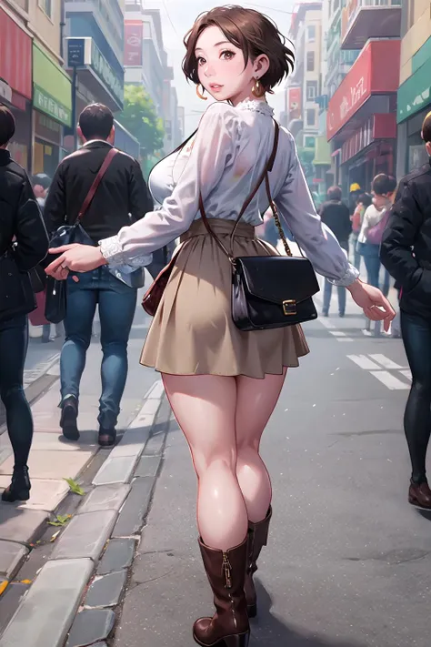 masterpiece, best quality,1girl,young girl,brown eyes,short hair,shameful _face,shiny skin,(nice leg line:1.3),thin waist,huge breasts,
BREAK
, White_lace_long-sleeve_blouse, brown_corduroy_skirt, black_ankle_boots, crossbody_bag, layered_pendant_necklace, drop_earrings,
BREAK
around crowd:1.1,depth of field,looking at viewer,standing,from behind,full body