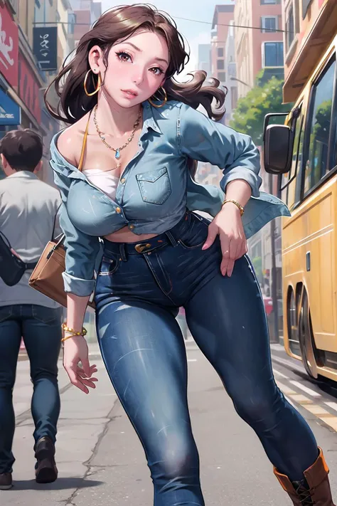 masterpiece, best quality,1girl,young girl,brown eyes,long hair,sorrowful _face,shiny skin,(nice leg line:1.3),thin waist,huge breasts,
BREAK
, Denim_shirt, black_skinny_jeans, leopard_print_ankle_boots, hoop_earrings, layered_necklace,
BREAK
around crowd:1.1,depth of field,looking at viewer,standing,from below,full body