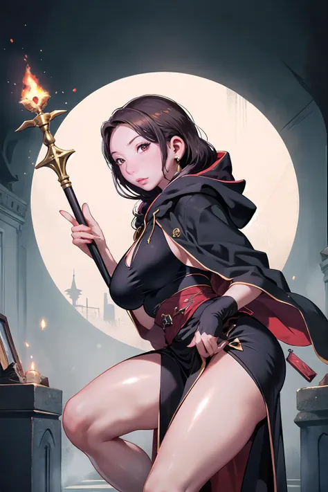 masterpiece, best quality,1girl,young girl,brown eyes,long hair,scornful _face,shiny skin,(nice leg line:1.3),thin waist,huge breasts,
BREAK
Dark sorcerer, black robes with a hooded cloak, spiked staff with a glowing red crystal, tome with forbidden spells, pentagram with a sacrificial altar, secret dungeon with a torture chamber
BREAK
around crowd:1.1,depth of field,looking at viewer,standing,from side,upper body
