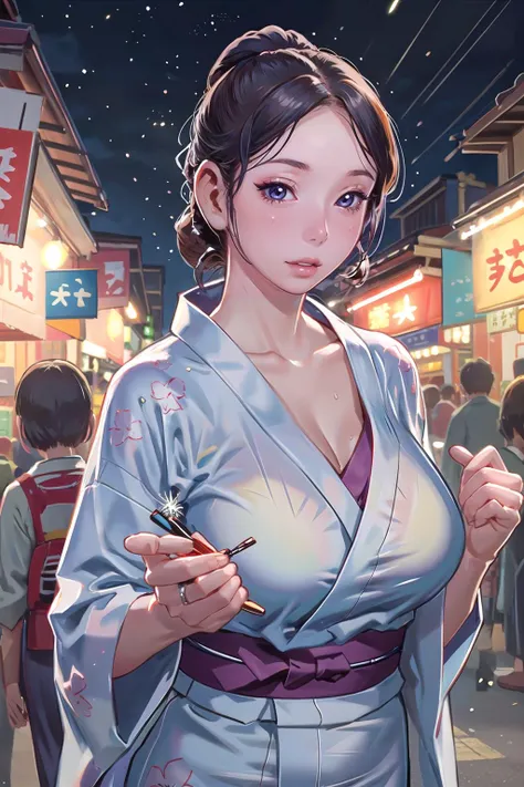 1 girl, solo, beautiful see-through Yukata, delicate pattern, beautiful neck , fireworks, complex background, night market, night , (highly detailed:1.2)