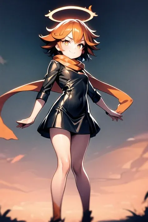 1girl, <lora:lxnadia-2:1>, short hair, orange hair, black dress, scarf, halo, full height, smile