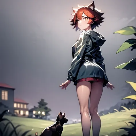 1girl, solo, <lora:lxnadia:1>, short red hair, full height, raincoat, rain, skirt, nature, grass, town, buildings, cat ears
