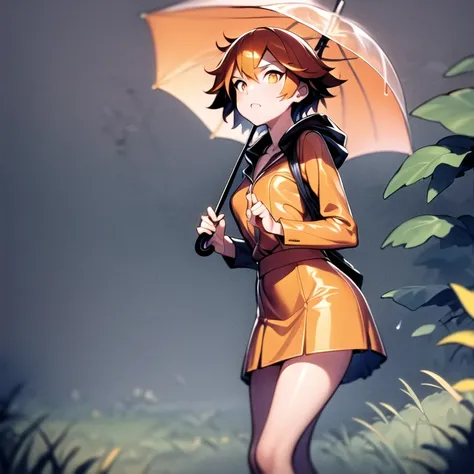 1girl, solo, <lora:lxnadia:1>, short orange hair, full height, raincoat, rain, skirt, umbrella, nature, grass