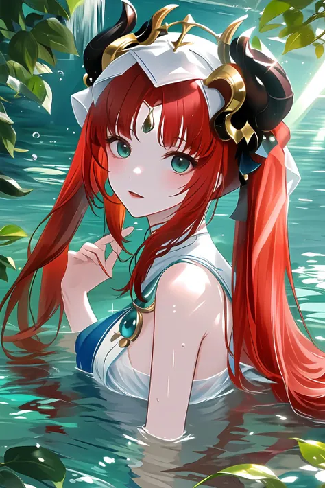 nilou,genshin impact, 1girl, <lora:nilou:1>, water, water drop, sunlight, twintails, red hair, looking at viewer, best quality, highres <lora:fashionGirl_v47:1>