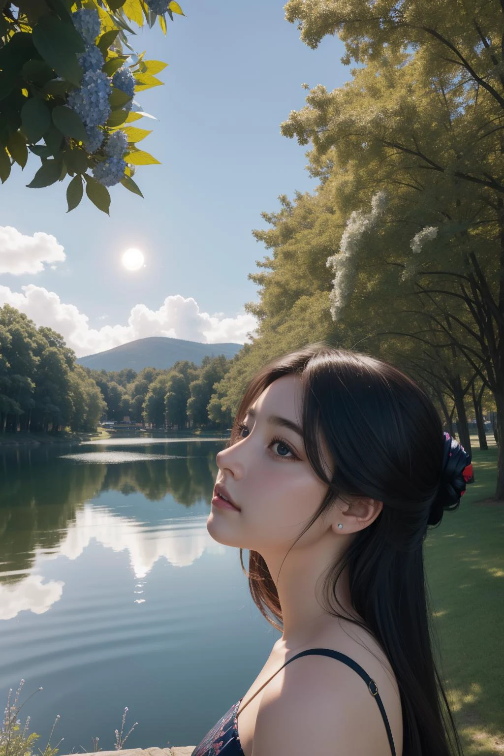 1girl, (art by Fernando Botero:0.8) , portrait art, mundane Oil painting, dtx, Spirals, profile of a Yuccie Art Chic ([Dachshund:Aasimar:5] of Regret:1.3) , elegant, [1920'S|Verdant] lake in background, dark blue grass with Hydrangea, Moon in the night, Wide view, Ultrarealistic, Peaceful, Starlight, Circular polarizer, Calotype, halation, sfumato, Highres, octane engine