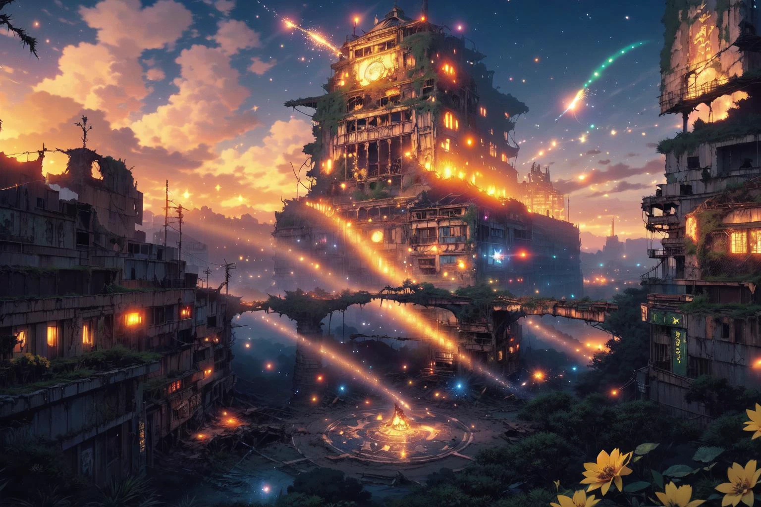 <lora:ruines:1> , Ruins, post-apocalyptic, scenery, no humans, building, overgrown, bomb, explosion, smoke,
night:1.15, soft light, trees, ruin building, magical lights, ((yellow flowers)):1.1, (a buster sword stuck in the ground,1sword, one sword),
(masterpiece:1.2), (best quality,:1.2), 8k, HDR, ultra detailed, ((photorealistic)), professional light, cinematic lighting, fashion photography, ambient lighting, fantasy,
<lora:Night scene_20230715120543:0.7>, cozy , starry sky , star , moon , meteor, <lora:magic particles ãã©ãã©ã¨ãã§ã¯ã v1:0.75>, ((magic particles, magic circle, magic aura)), (no humans)