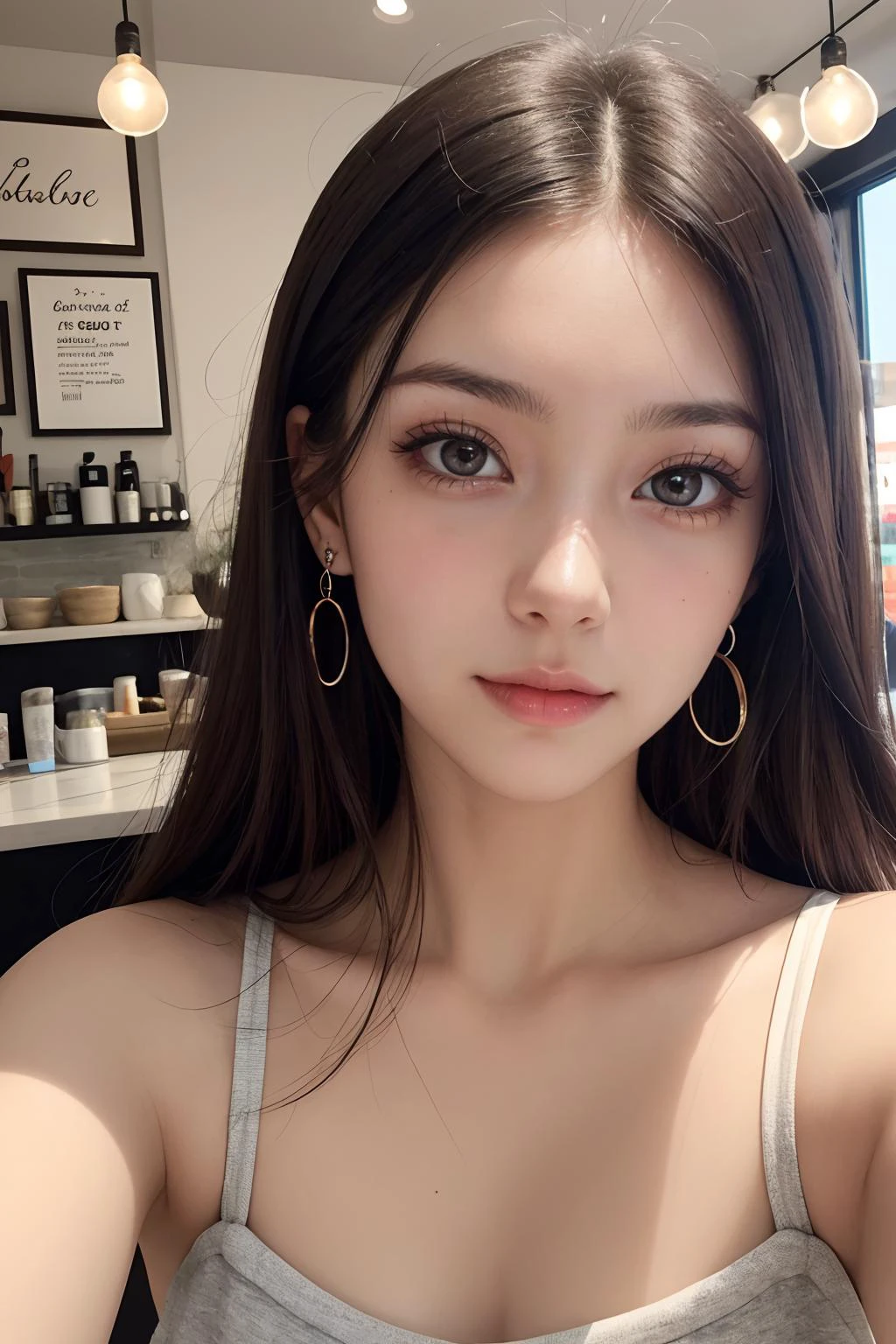 real human skin,Photo of a 30 year old brunette woman, that has a very natural face, thin lips, thin eyes, thin eyebrows, thin nose, earrings, long eyelashes. She makes a cute selfie in a cafe, , realistic<lora:GoodHands-beta2:1>