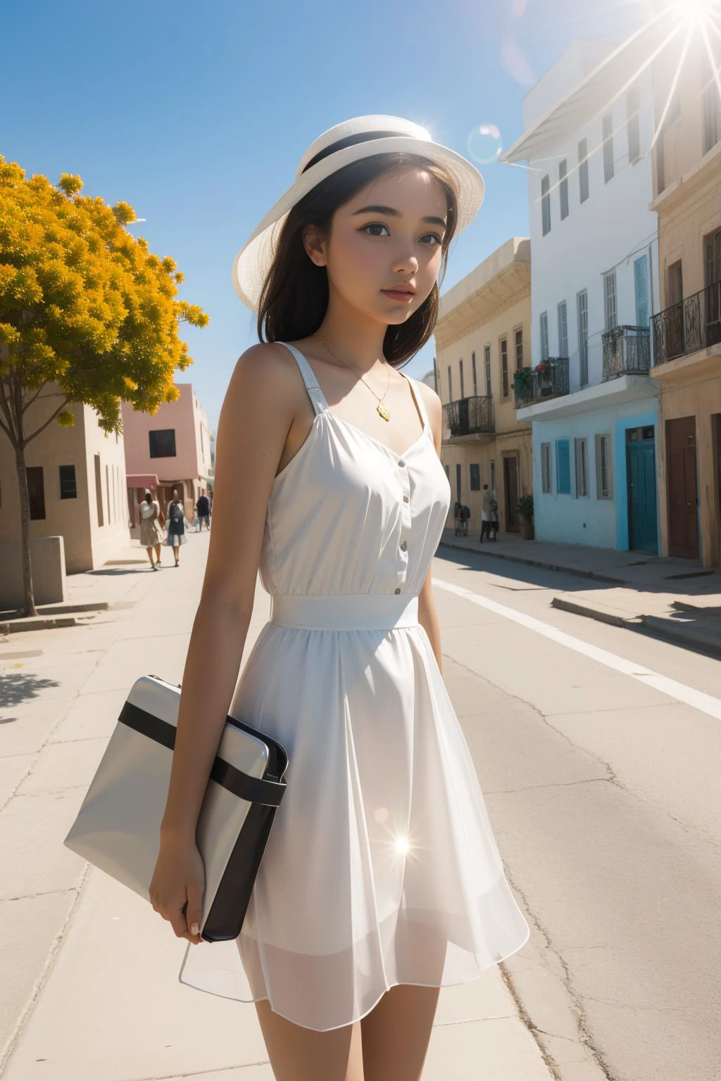 1girl, (photography art designed by Louis Stettner:1.0) and (Tyler Walpole:1.1) and (Hinchel Or:0.9) , detailed Renderman, elegant, landscape of a Boorish Serious ([Haiti|Oman]:1.3) in the distance there is a Portal, Elegant flora and street, Fall, Ultra Real, Hopeful, Naive Art, Lens Flare, Depth of field 100mm, four colors, dreamy, Embossing, 64K, Flickr