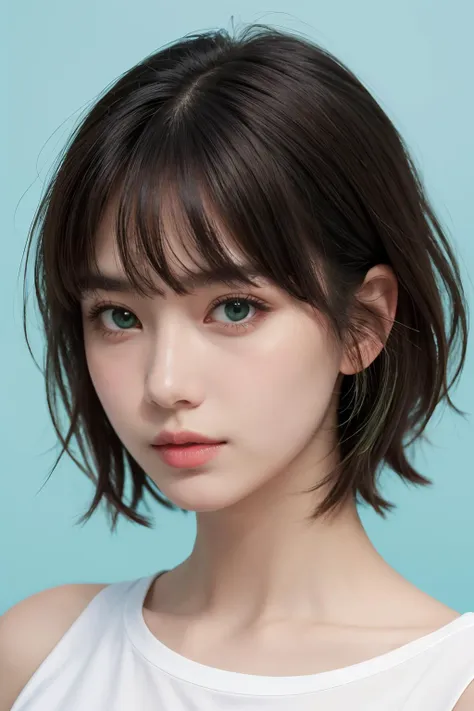 MEDIUM SHOT,high quality, masterpiece, (realistic, photo-realistic:1.2) ,high definition, ultra detailed, raw photo,depth of field, 1girl, green eyes, medium hair, bangs, portrait, upper body, shoulder, shirt, simple background, blue background,<lora:GoodHands-beta2:1>