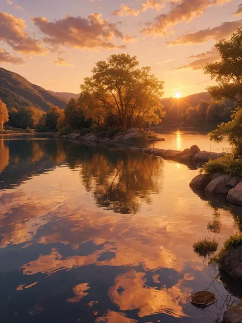 A serene lakeside scene at sunset, with the water reflecting the golden hues of the sky above and the surrounding landscape bathed in the warm glow of the fading sunlight, creating a magical and tranquil atmosphere.