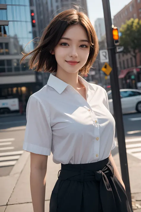 high quality, masterpiece, realistic, photo-realistic ,high definition, ultra detailed, raw photo,1girl, light smile, shirt with collars, waist up, dramatic lighting,stylish pose, city outdoors, <lora:GoodHands-beta2:1>