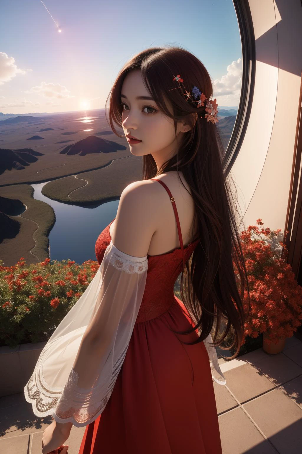 1girl, (designed by José Ladrönn:0.8) , dark Physically based render, intricate details, POV shot of a Futurism Gorgeous ("Through the lens of curiosity, ordinary moments become gateways to new discoveries and endless possibilities.":1.3) , Sophisticated Astronomical observatory in background, desolate mountains and blossoms, Raining, Bokeh, detailed, masterpiece, Proud, Islandpunk, Bloom light, Fish-eye Lens, Warm Colors, deep red explosions, ethereal magical atmosphere, unreal engine, ultra high res, womanly