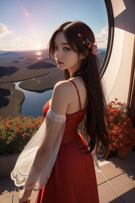 1girl, (designed by José Ladrönn:0.8) , dark Physically based render, intricate details, POV shot of a Futurism Gorgeous ("Through the lens of curiosity, ordinary moments become gateways to new discoveries and endless possibilities.":1.3) , Sophisticated Astronomical observatory in background, desolate mountains and blossoms, Raining, Bokeh, detailed, masterpiece, Proud, Islandpunk, Bloom light, Fish-eye Lens, Warm Colors, deep red explosions, ethereal magical atmosphere, unreal engine, ultra high res, womanly