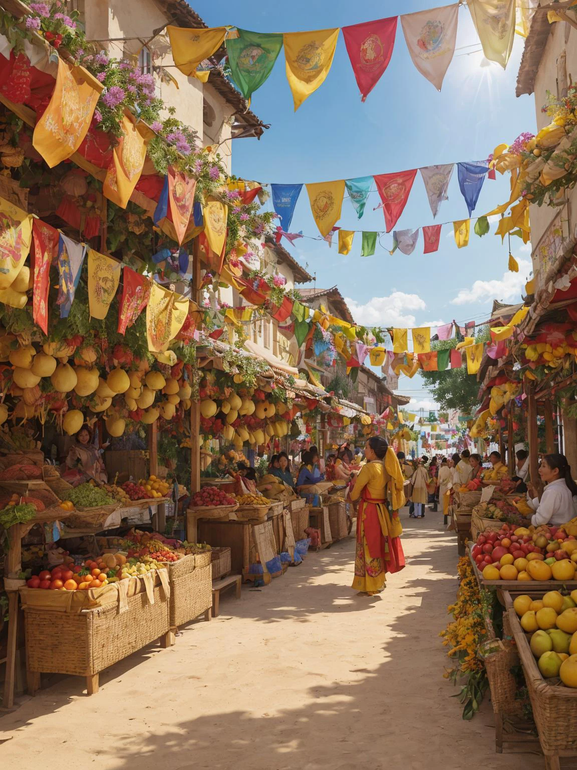 A bustling village square adorned with colorful banners and decorations, where locals gather to celebrate the bounty of the harvest season, with stalls overflowing with ripe fruits and vegetables in shades of golden yellow.
