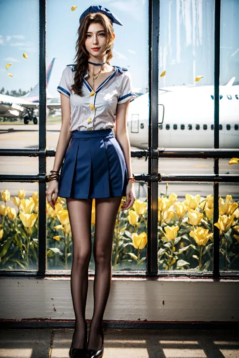 <lora:MIAOKA_Aerith:0.8>, ((aerith gainsborough, choker, hair bow, bracelet, sidelocks, parted bangs, braid)):1.24, ((smile sympathetic)):1.15,
<lora:0434 stewardess_v2:0.7>, ((ruanyi0434,blue skirt,uniform,white shirt,miniskirt,stewardess hat,pantyhose,)):1.2, dynamic(angle, posture),
BREAK 1woman, (young woman), adorable, clear face, solo, (((full body))):1.35,
((multicolor brown hairs, very long hairs, green eyes, sleeping):1.23, curvy body),
BREAK soft light, cinematic lighting, detailed(shadow, lightning), ((photorealistic:1.15)),
BREAK <lora:add_detail:0.5>, extremely detailed, CG, finely detail, (masterpiece, best quality):2.0, (intricate details, depth of field),
BREAK <lora:uber_saggy2:0.67>, saggy, sagging_breasts, ((large breasts)),
outdoors, detailed airport, windows, ((yellow flower petals)):1.16,