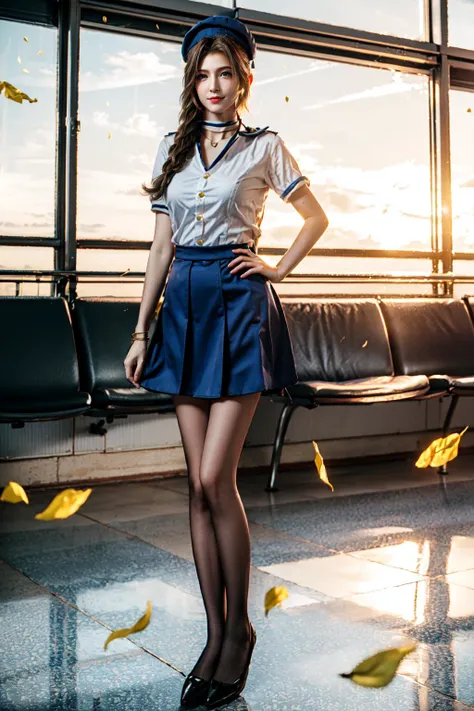 <lora:MIAOKA_Aerith:0.8>, ((aerith gainsborough, choker, hair bow, bracelet, sidelocks, parted bangs, braid)):1.24, ((smile sympathetic)):1.15,
<lora:0434 stewardess_v2:0.7>, ((ruanyi0434,blue skirt,uniform,white shirt,miniskirt,stewardess hat,pantyhose,)):1.2, dynamic(angle, posture),
BREAK 1woman, (young woman), adorable, clear face, solo, (((full body))):1.35,
((multicolor brown hairs, very long hairs, green eyes, sleeping):1.23, curvy body),
BREAK soft light, cinematic lighting, detailed(shadow, lightning), ((photorealistic:1.15)),
BREAK <lora:add_detail:0.5>, extremely detailed, CG, finely detail, (masterpiece, best quality):2.0, (intricate details, depth of field),
BREAK <lora:uber_saggy2:0.67>, saggy, sagging_breasts, ((large breasts)),
outdoors, detailed airport, windows, ((yellow flower petals)):1.16,