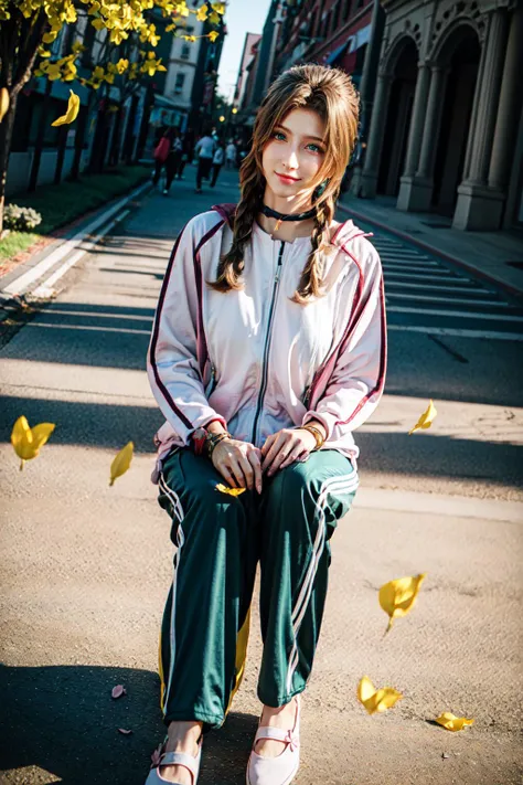<lora:MIAOKA_Aerith:0.8>, ((aerith gainsborough, choker, hair bow, bracelet, sidelocks, parted bangs, braid)):1.24, ((sympathetic smile)):1.15, sit,
<lora:0424 sportswear girls_v1:0.7>, ((ruanyi0424,sportswear,pink,long sleeves,pants,)):1.2, dynamic(angle, posture),
BREAK 1woman, (young woman), adorable, clear face, solo, (((full body))):1.35,
((multicolor brown hairs, very long hairs, green eyes, sleeping):1.23, curvy body),
BREAK soft light, cinematic lighting, detailed(shadow, lightning), ((photorealistic:1.15)),
BREAK <lora:add_detail:0.5>, extremely detailed, CG, finely detail, (masterpiece, best quality):2.0, (intricate details, depth of field),
BREAK <lora:uber_saggy2:0.67>, saggy, sagging_breasts, ((large breasts)),
outdoors, detailed theme park, ((yellow flower petals)):1.16,