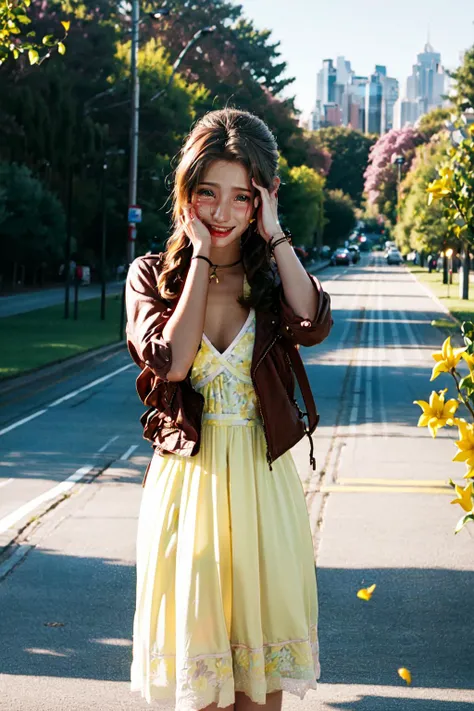 <lora:MIAOKA_Aerith:0.8>, ((aerith gainsborough, choker, hair bow, bracelet, sidelocks, parted bangs, braid, long pink summer dress, red jacket)):1.24,
<lora:Wiping Tears v1:1>, ((wt1, hand-on-eyes, wiping-tears, ((crying tears)), covering-eyes)):1.21,
BREAK 1woman, (young woman), adorable, clear face, solo, (((full body))):1.35,
((multicolor brown hairs, very long hairs, green eyes):1.23, curvy body),
BREAK soft light, cinematic lighting, detailed(shadow, lightning), ((photorealistic:1.15)),
BREAK <lora:add_detail:0.5>, extremely detailed, CG, finely detail, (masterpiece, best quality):2.0, (intricate details, depth of field),
BREAK <lora:uber_saggy2:0.67>, saggy, sagging_breasts, ((large breasts)),
outdoors, detailed central park, cozy, winter, ((yellow flower petals)):1.18,