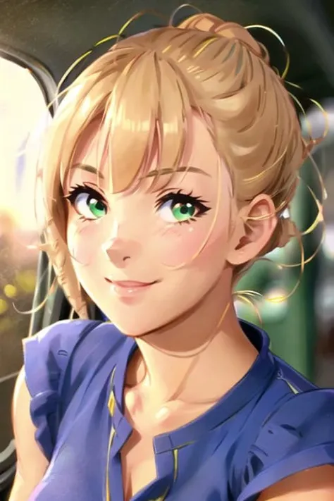 1girl, solo, (highly detailed eyes), detailed face, intricate details, portrait, chun-li, (green eyes), blonde hair, (night dress), short hair, ((bangs)), night, moon, (looking at viewer), smile, soft lighting, modelshoot style, cartoon, khyle-28200