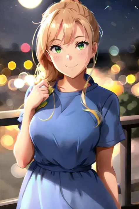 1girl, solo, (highly detailed eyes), detailed face, intricate details, portrait, chun-li, (green eyes), blonde hair, upper body, (night dress), bangs, night, moon, (looking at viewer), smile, soft lighting, modelshoot style, cartoon, khyle-28200