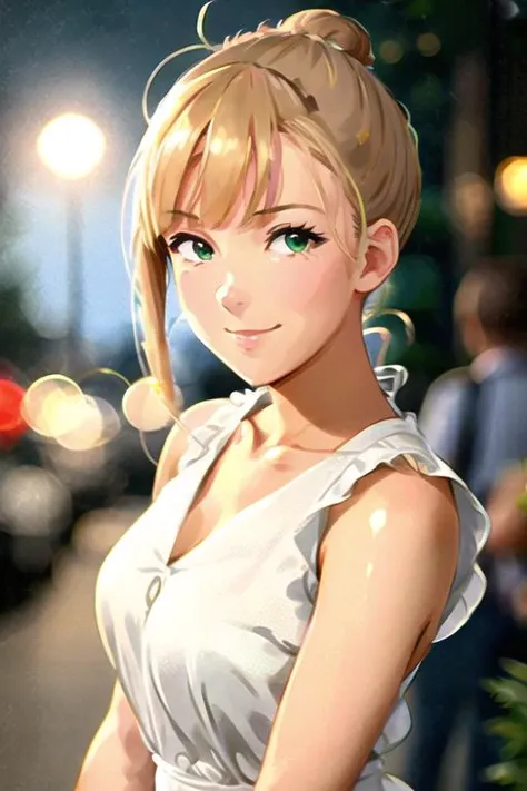 1girl, solo, (highly detailed eyes), detailed face, intricate details, portrait, chun-li, (green eyes), blonde hair, (night dress), short hair, ((bangs)), night, moon, (looking at viewer), smile, soft lighting, modelshoot style, cartoon, khyle-28200